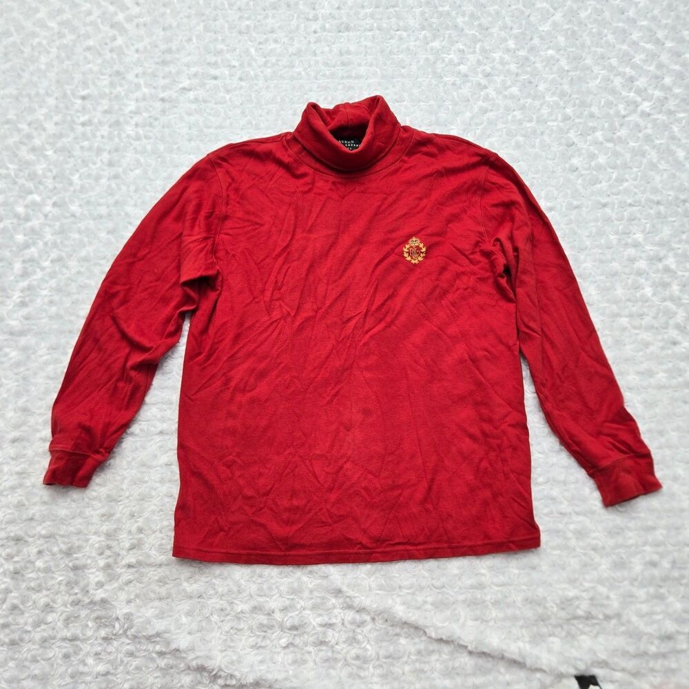 Lauren Ralph Womens Turtleneck Shirt Red Long Sleeve Embroidered